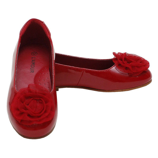 L'Amour Girls Red Flower Slip On Dress Shoes Toddler 5-Little Girl 4 - SophiasStyle.com